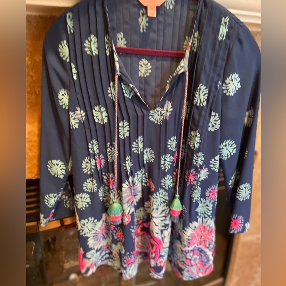 Lily Pulitzer Pleated blouse blue pink turquoise  spring summer vacation XS - Picture 1 of 10